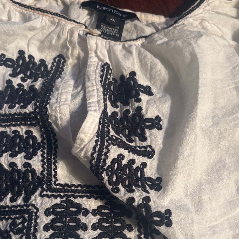 Karen Kane Ivory Blouse with Black Embroidery’s